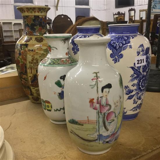 Two Chinese Republic period vases, 2 Delft vases and another vase